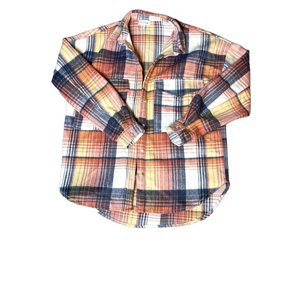 ACOA plaid shacket with oversized chest pockets, button front close blue/pink S - Picture 9 of 13